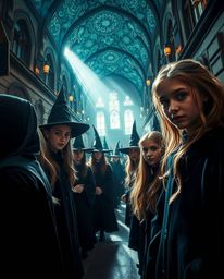 A captivating street photography image portrays a magical school teeming with young wizards in an urban environment.  The sce