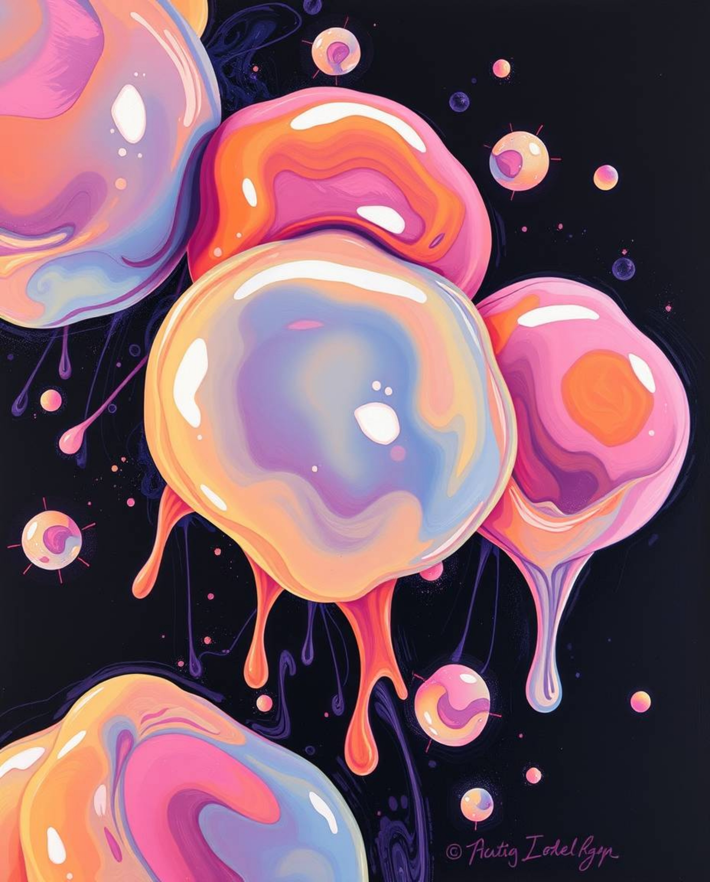 An intense and bold acrylic painting showcases floating 3D blobs of fluid jelly, rendered with vibrant colors and synthetic t