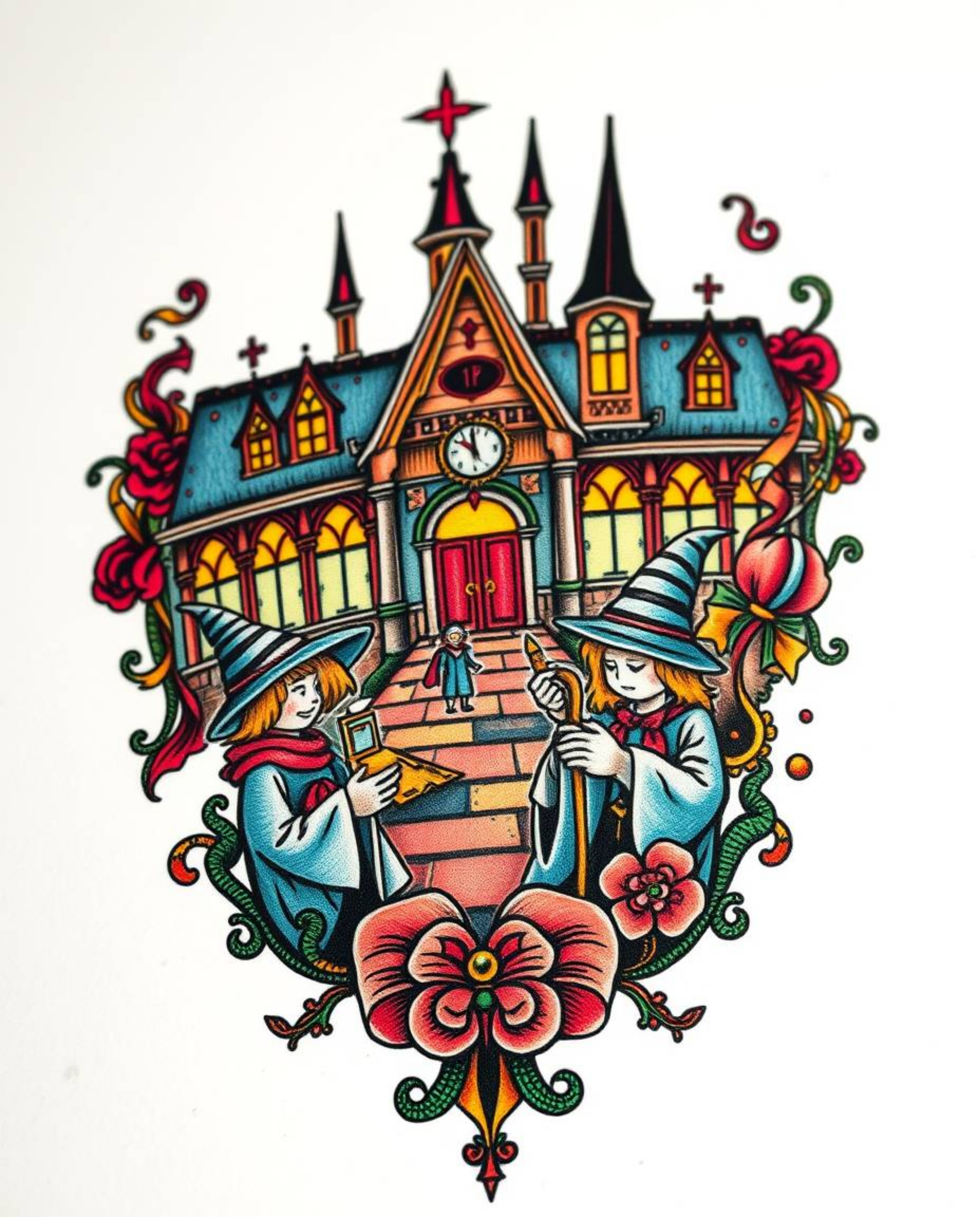 A vibrant and symbolic traditional tattoo art print showcasing a magical school brimming with young wizards. This retro-inspi