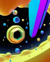 Immerse yourself in a realm of futuristic abstract art featuring floating 3D shapes in cool blues, greens, and purples, rende