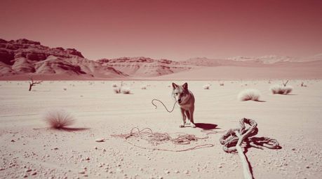 Explore a surreal desert landscape captured in striking infrared tones, featuring a coyote setting a comically elaborate trap