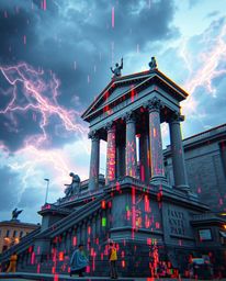 A stunning visual spectacle unfolds, depicting a classical sculpture dramatically affected by a vibrant glitch effect, embody