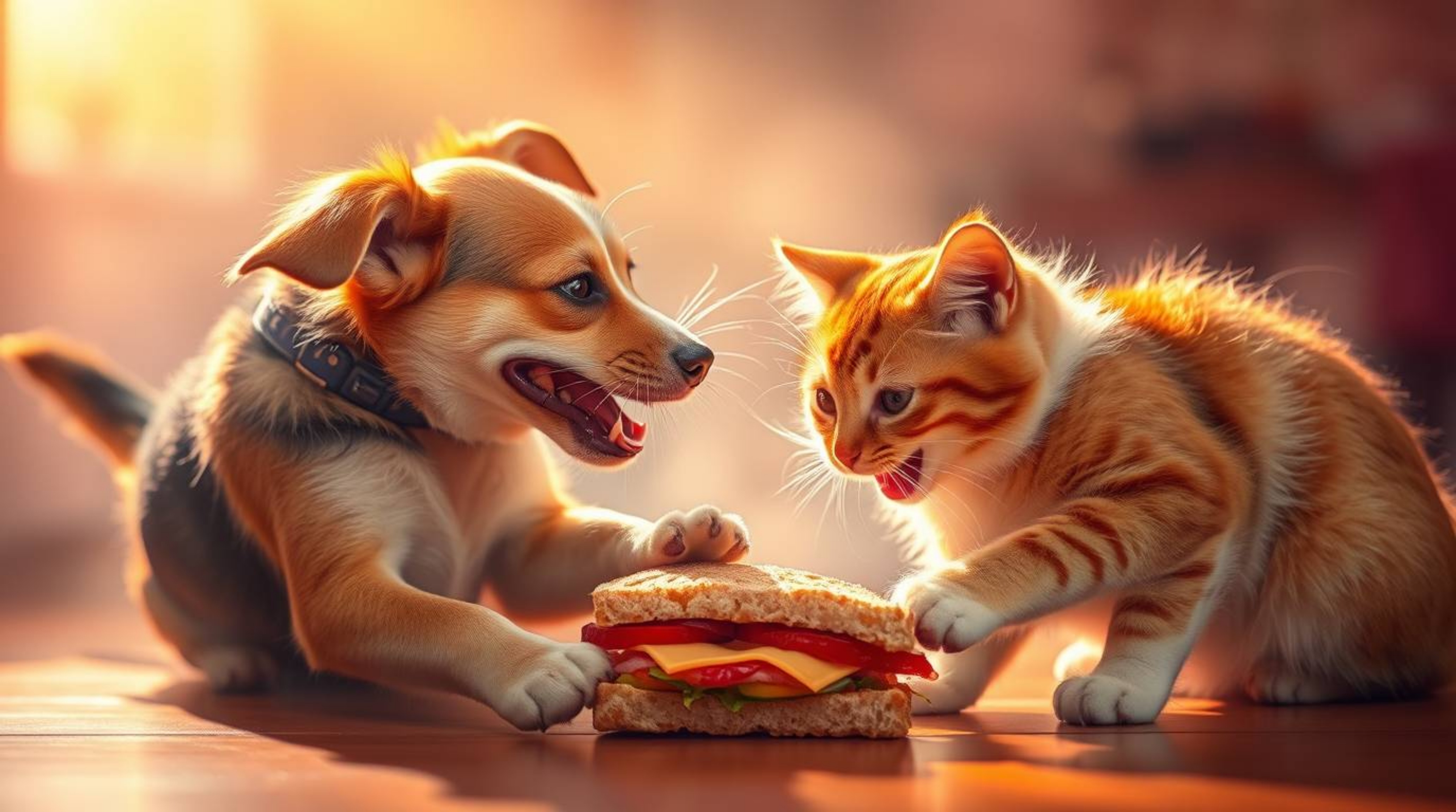 A captivating image of a dog and cat engaged in a playful, energetic fight over a delicious sandwich.  The scene is bathed in