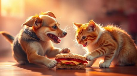 A captivating image of a dog and cat engaged in a playful, energetic fight over a delicious sandwich.  The scene is bathed in