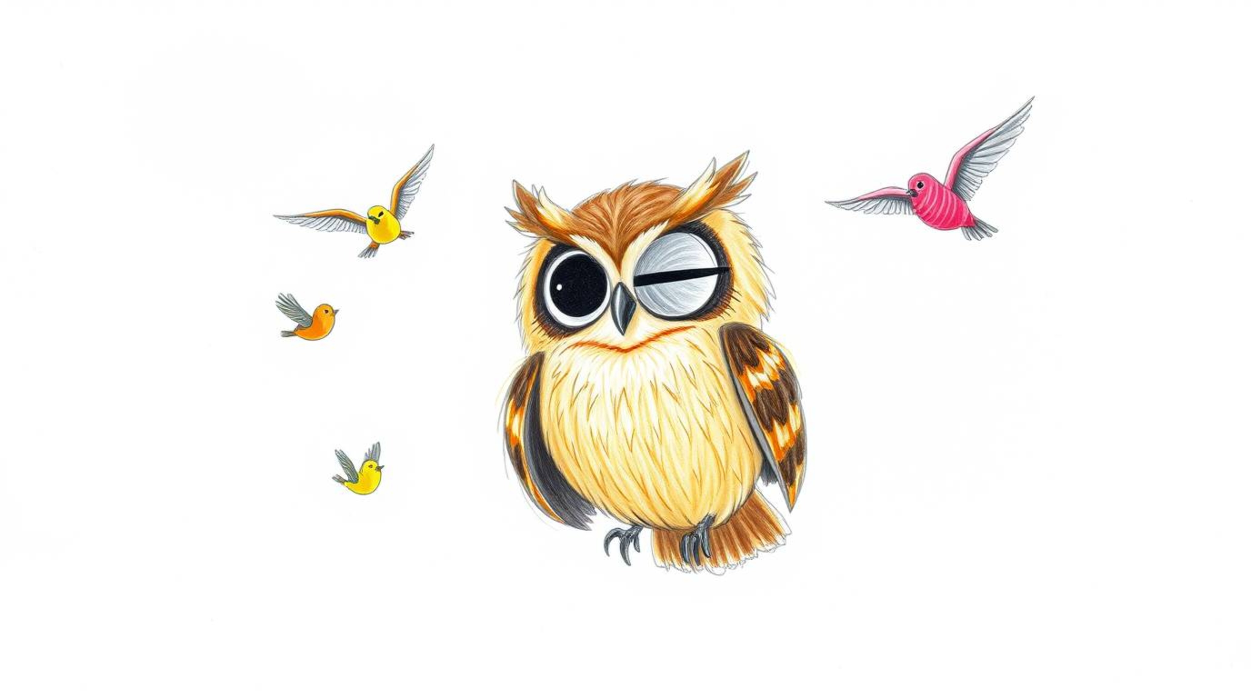 This is a heartwarming hand-drawn sketch, created in a distinct Pixar style, featuring a wise-looking blind owl with warm bro