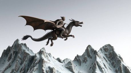 A captivating image depicts a cast bronze sculpture of a dragon and its rider soaring majestically above a breathtaking lands