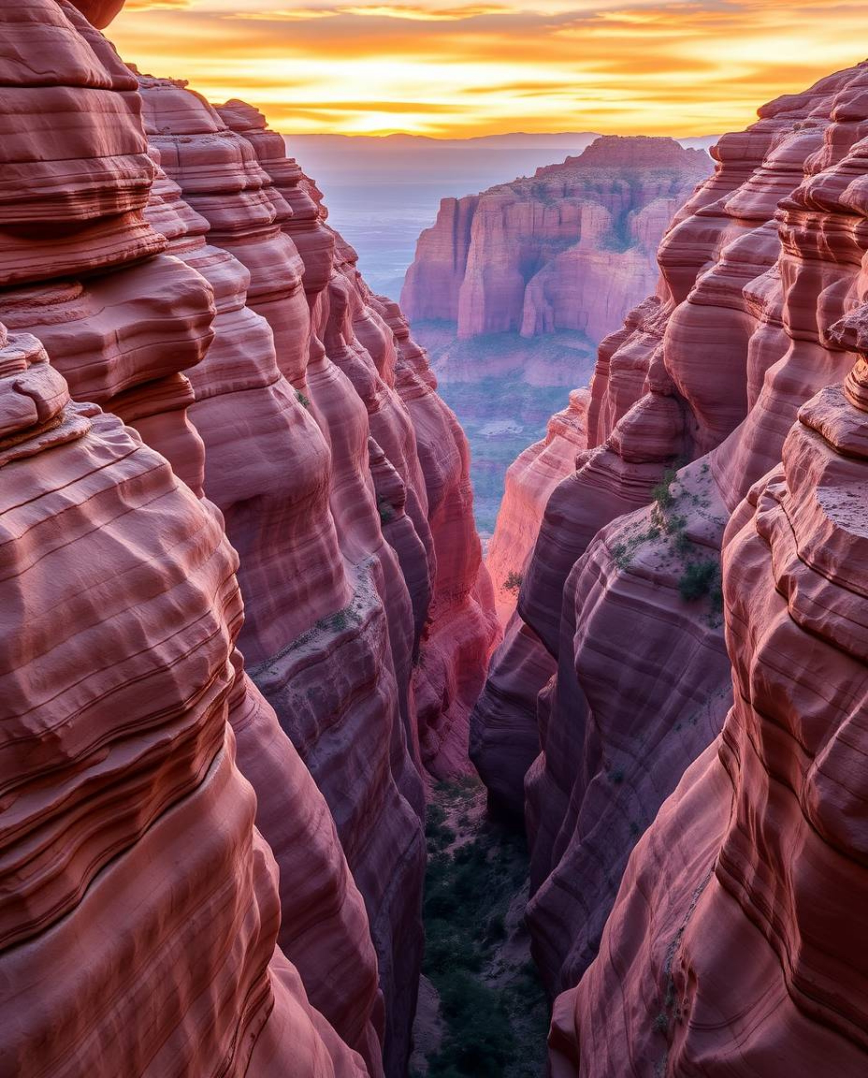 This artwork captures graceful and elegant sandstone cliffs illuminated by a stunning sunset within a canyon. The scene is re