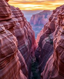 This artwork captures graceful and elegant sandstone cliffs illuminated by a stunning sunset within a canyon. The scene is re