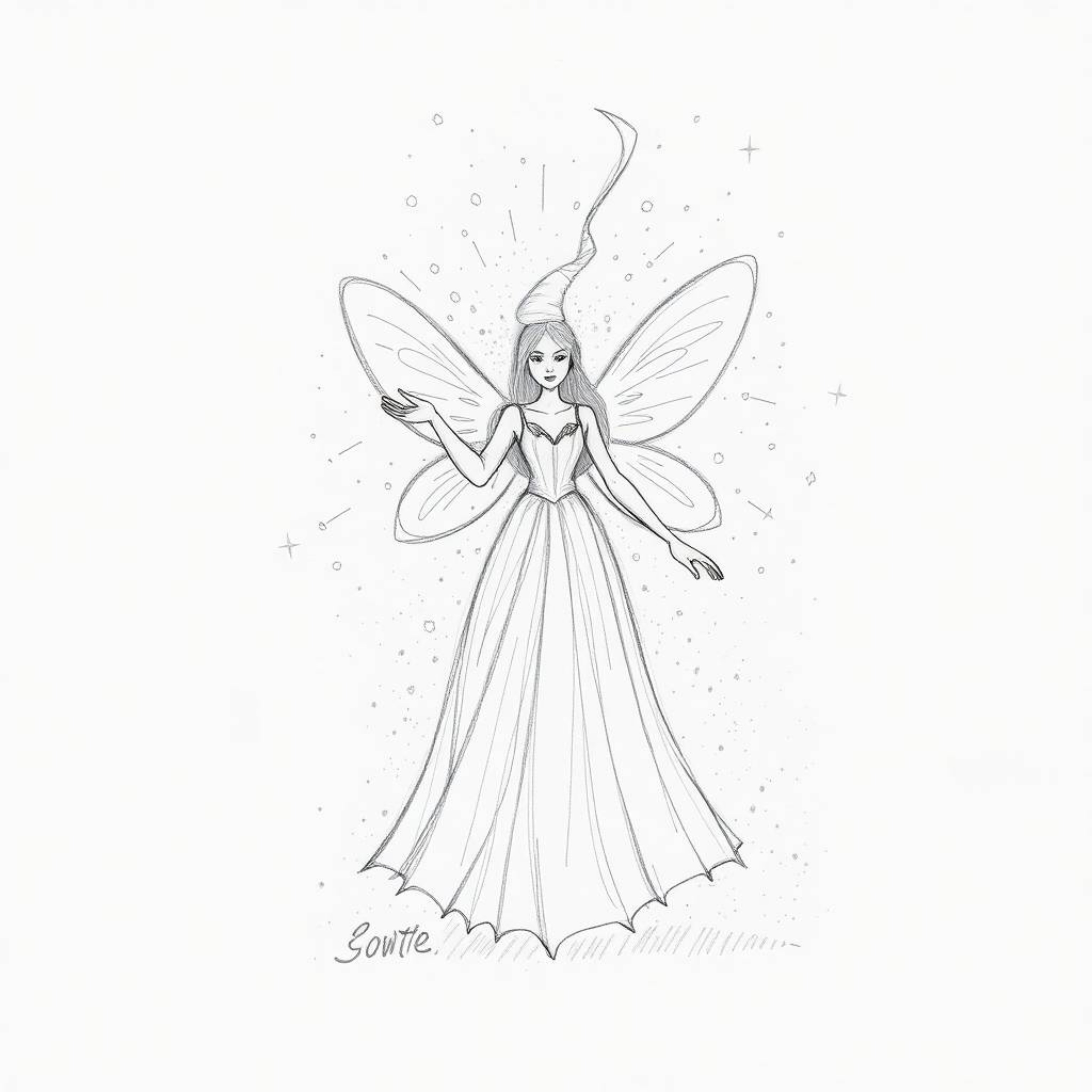 A stunning hand-drawn sketch featuring a fairy godmother emerging from a swirling vortex of sparkles. The artwork utilizes vo