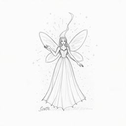 A stunning hand-drawn sketch featuring a fairy godmother emerging from a swirling vortex of sparkles. The artwork utilizes vo
