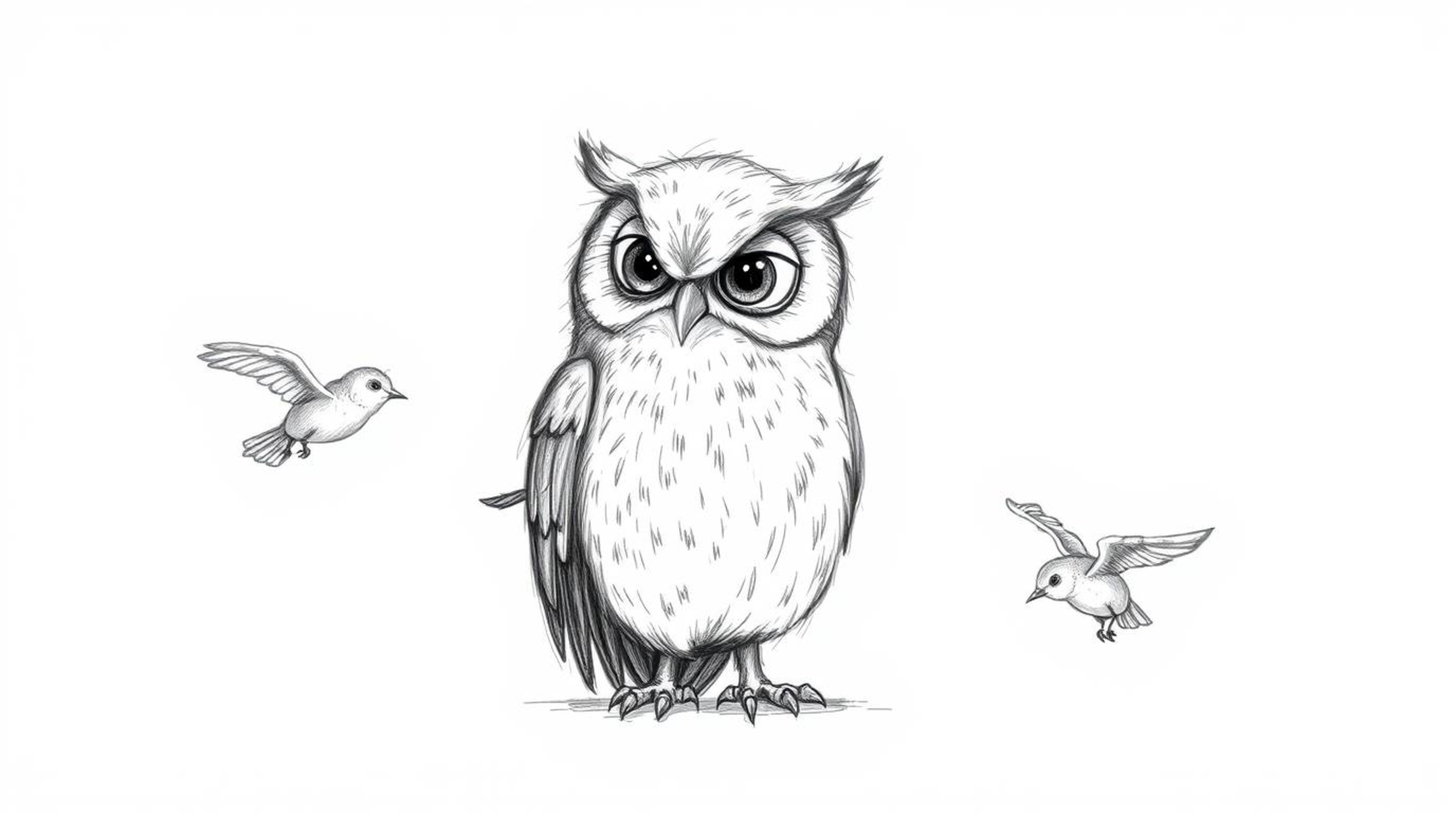 A hand-drawn pencil sketch in the style of Pixar depicts a blind owl with subtly textured feathers patiently guiding several 