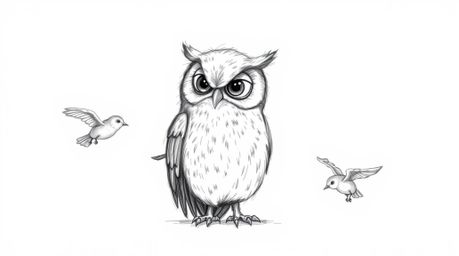 A hand-drawn pencil sketch in the style of Pixar depicts a blind owl with subtly textured feathers patiently guiding several 