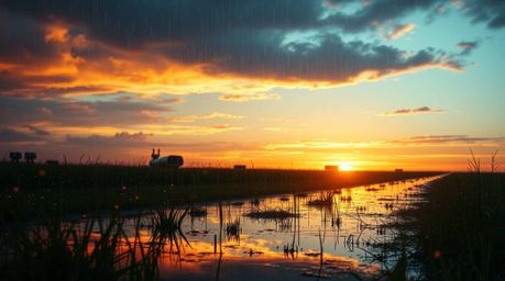 Immerse yourself in a futuristic sci-fi scene featuring a wet, rainy sunset cascading over a tranquil meadow.  Fireflies begi