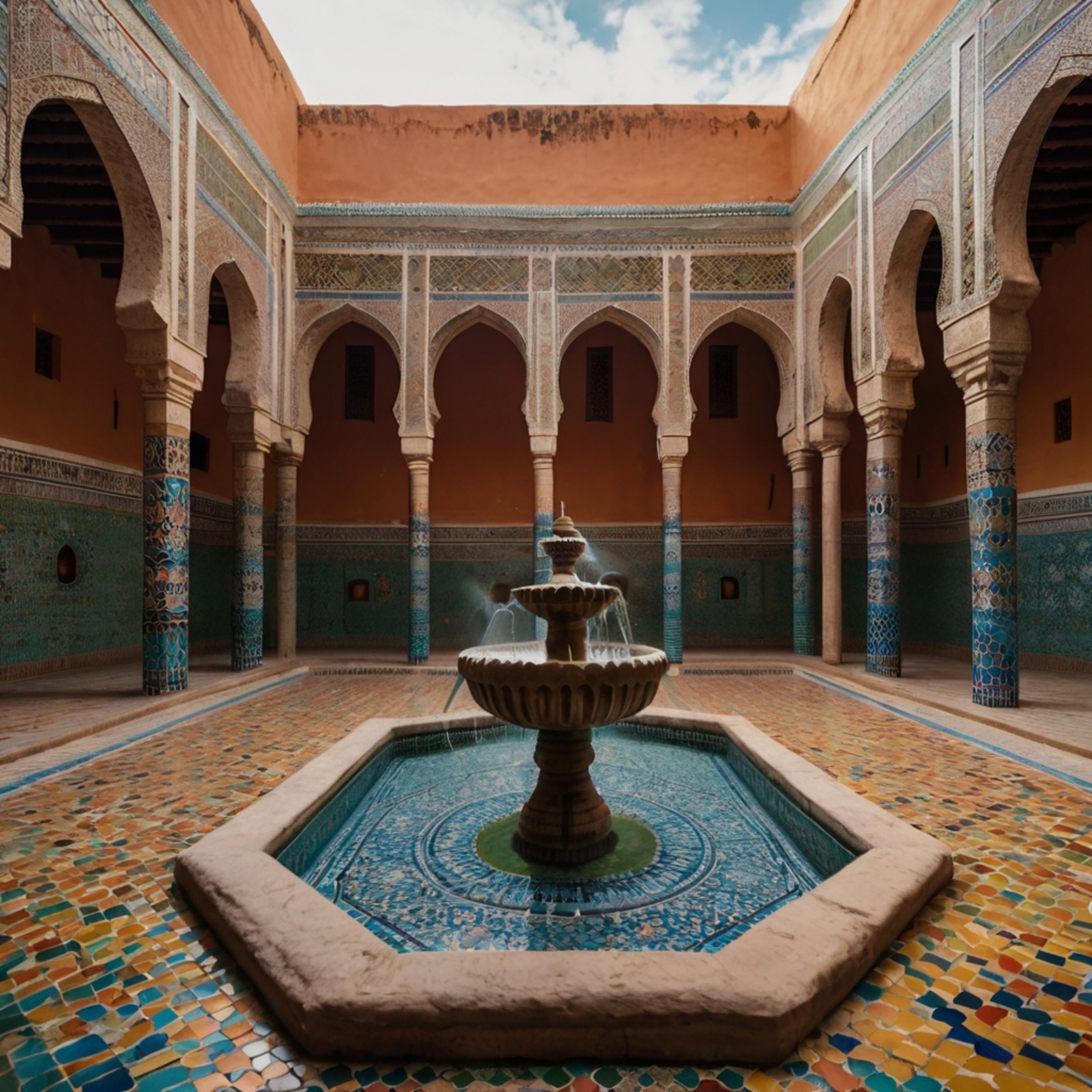 Explore the beauty of a traditional Moroccan courtyard, a serene oasis featuring vibrant colorful tiles, stunning intricate m