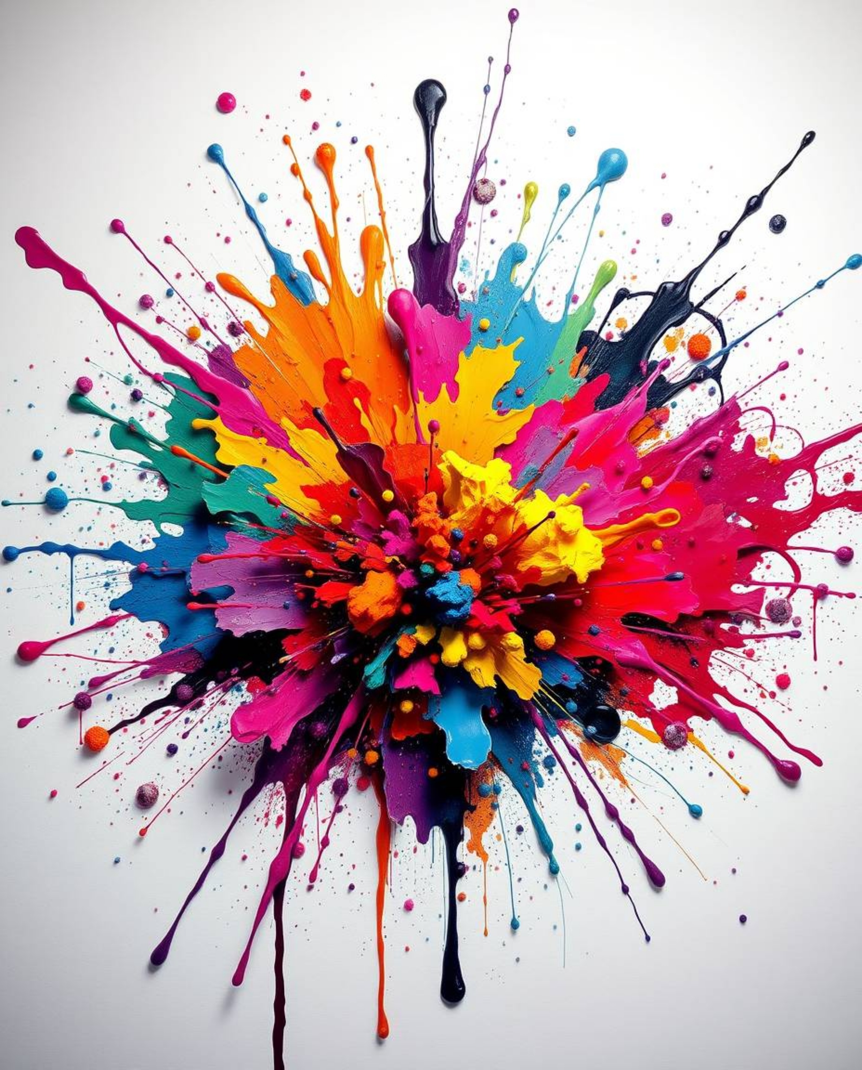 Witness a vibrant explosion of color as paint splashes across a pristine white canvas, resulting in a highly detailed abstrac