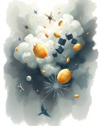 Experience a surreal storm rendered in delicate watercolor, featuring flying objects defying broken gravity. This artwork uti