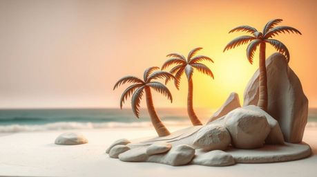 Experience the serene beauty of a tropical beach sunset captured in stunning sculptural clay art.  This piece evokes a soft, 