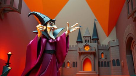 Experience the magic of intricate origami art depicting a classic Disney villain casting a spell within an old castle. This