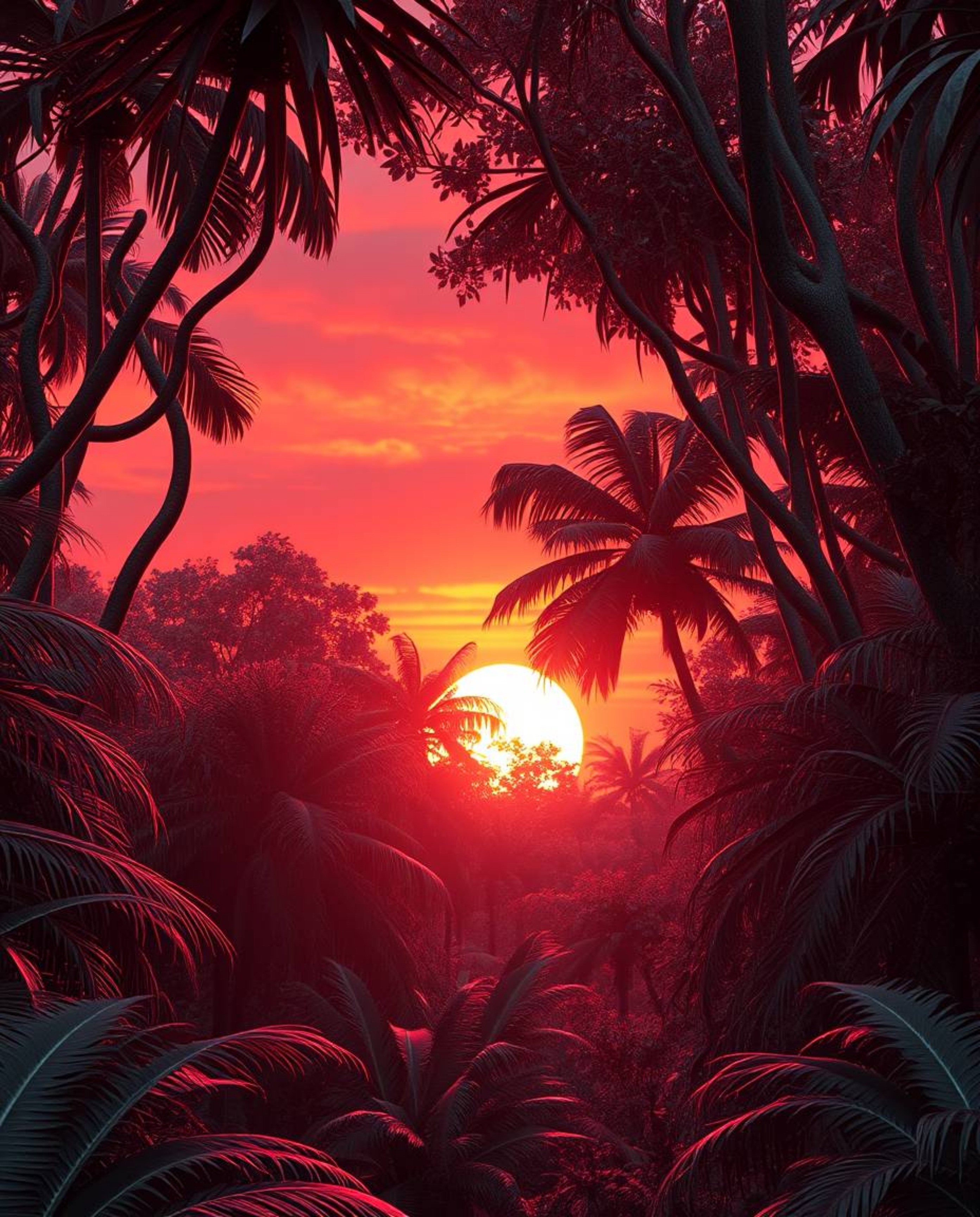 A digital sculpture rendering of a sunset filtering through a dense jungle canopy, presented in a striking cast bronze style.