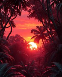 A digital sculpture rendering of a sunset filtering through a dense jungle canopy, presented in a striking cast bronze style.