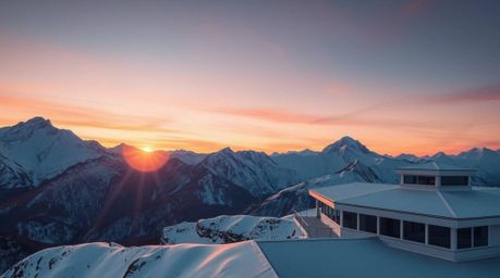 Capture the breathtaking beauty of snow-capped mountains bathed in the warm glow of a pastel sunset. This precise architectur
