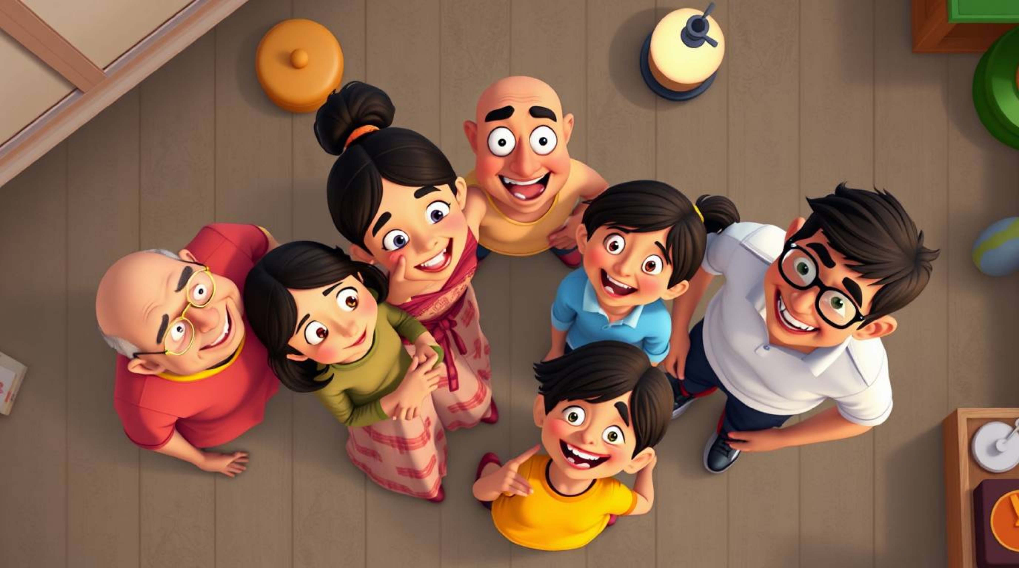 Experience the warmth of a heartfelt family reunion depicted in a vibrant, Pixar-style illustration. This overhead bird's-eye
