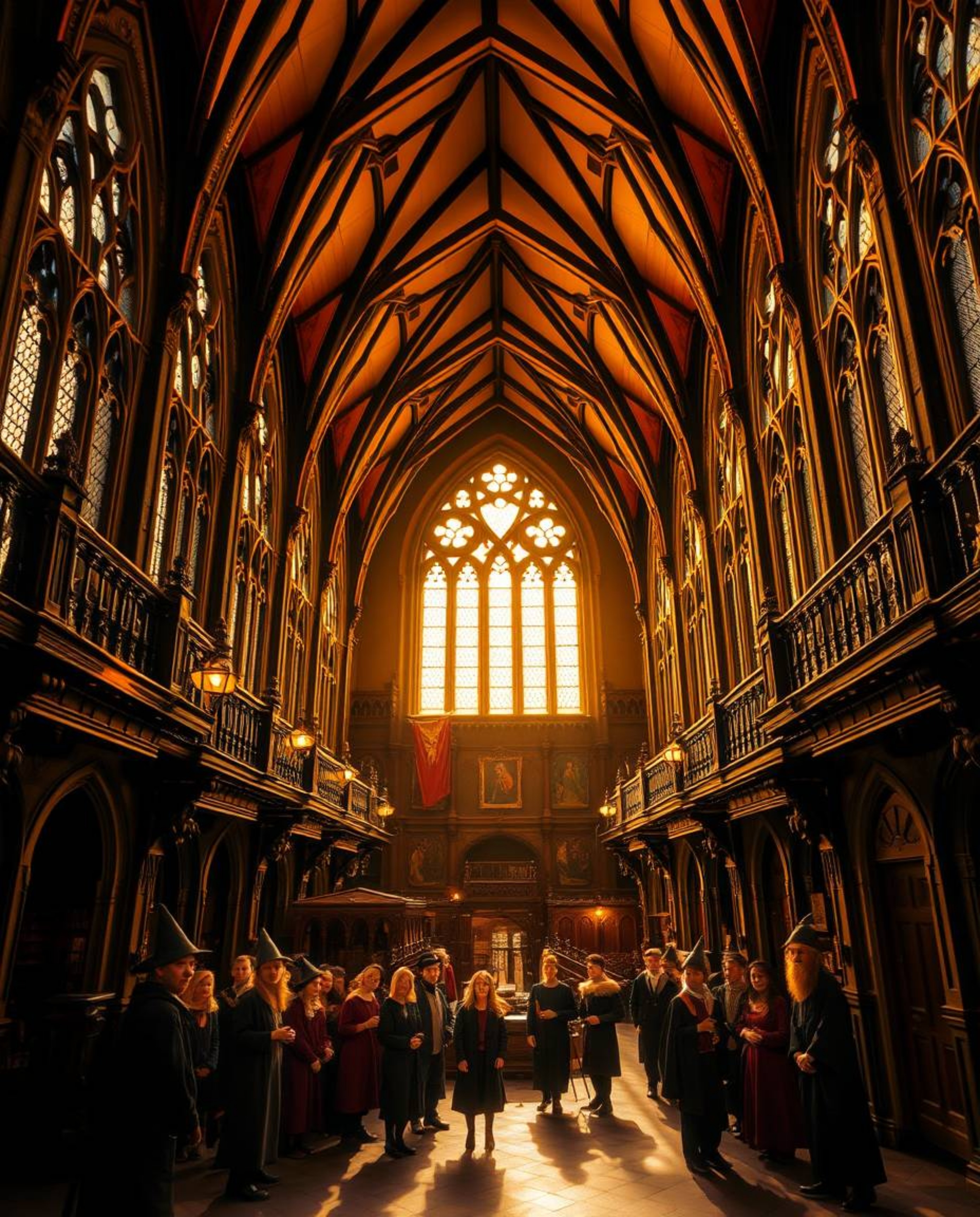 A collection of precise architectural color photographs showcasing a magical school brimming with radiant young wizards. Thes