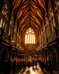A collection of precise architectural color photographs showcasing a magical school brimming with radiant young wizards. Thes