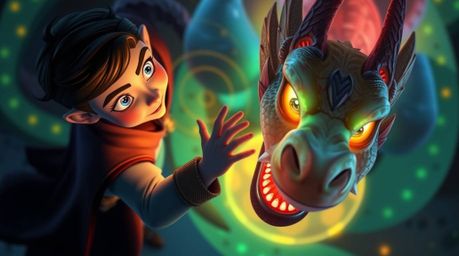 A captivating overhead shot depicts a charming prince, rendered in a vibrant 1950s animation style, battling a bioluminescent