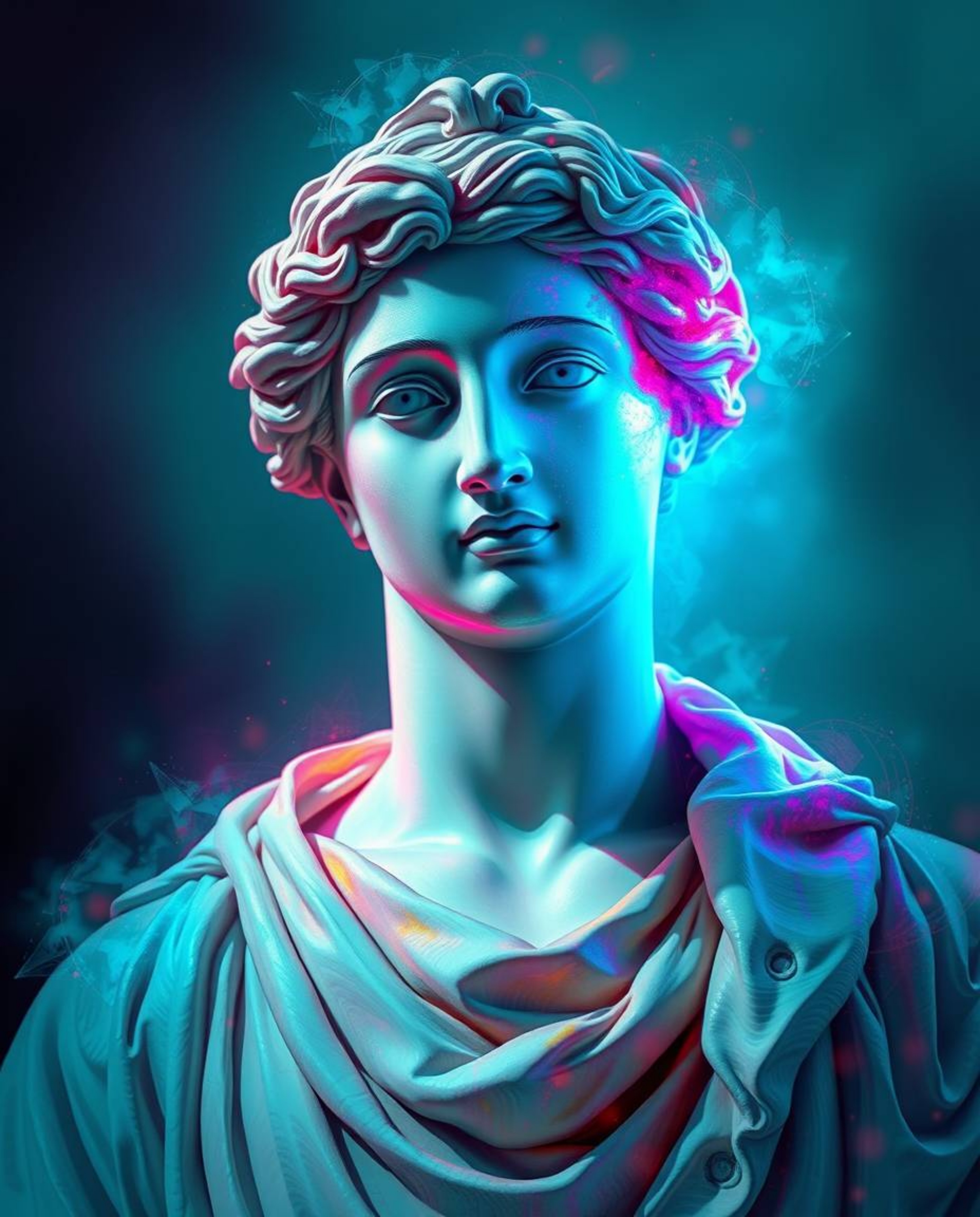 A mesmerizing digital painting depicts a classical sculpture infused with a vibrant, colorful glitch effect.  The artwork evo