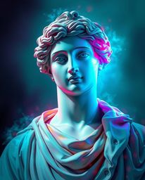 A mesmerizing digital painting depicts a classical sculpture infused with a vibrant, colorful glitch effect.  The artwork evo