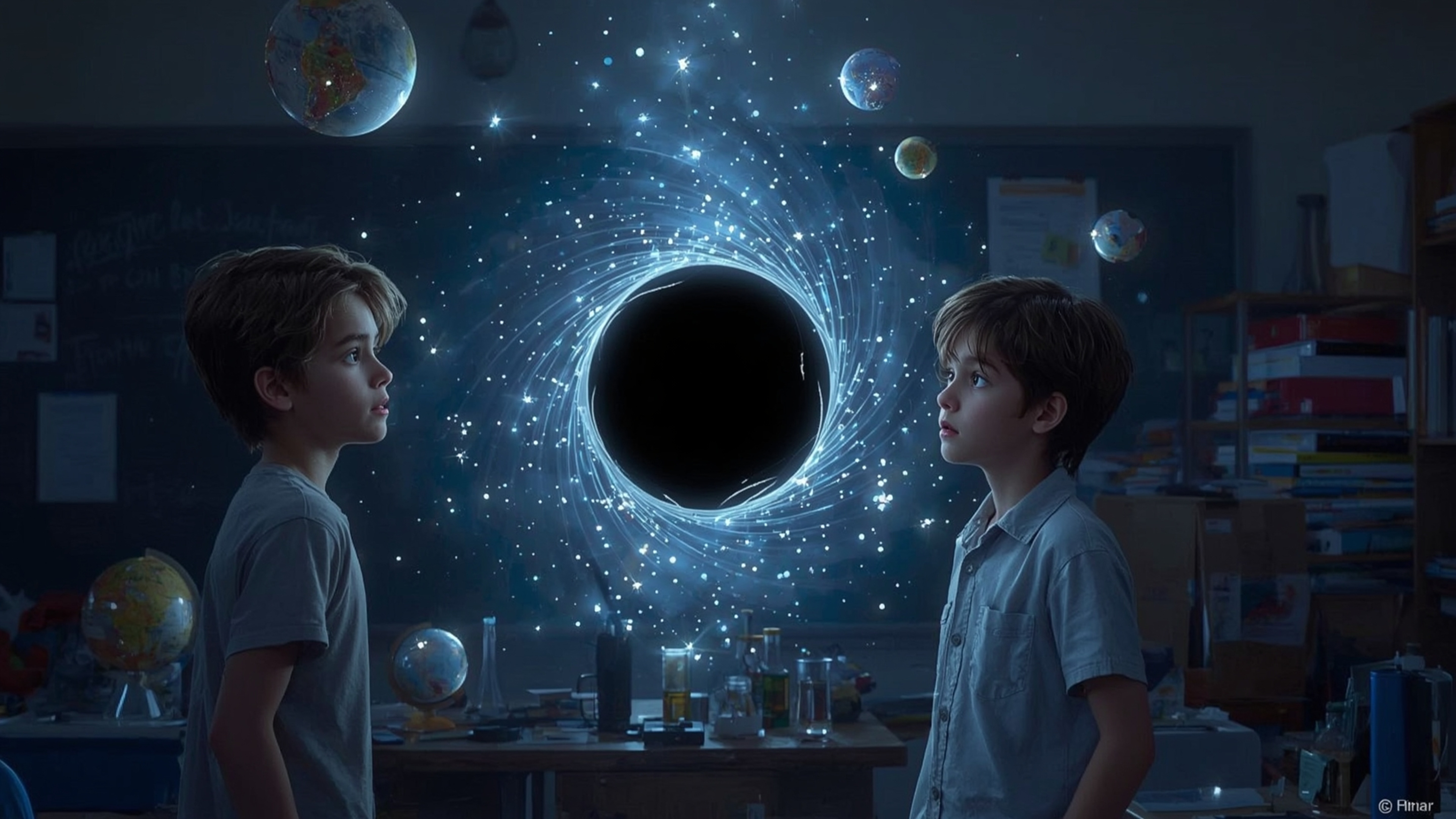 A vibrant, high-contrast cinematic photograph, reminiscent of Pixar's whimsical style, features a dynamic duo of science fair
