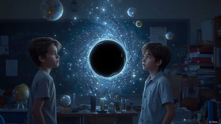 A vibrant, high-contrast cinematic photograph, reminiscent of Pixar's whimsical style, features a dynamic duo of science fair