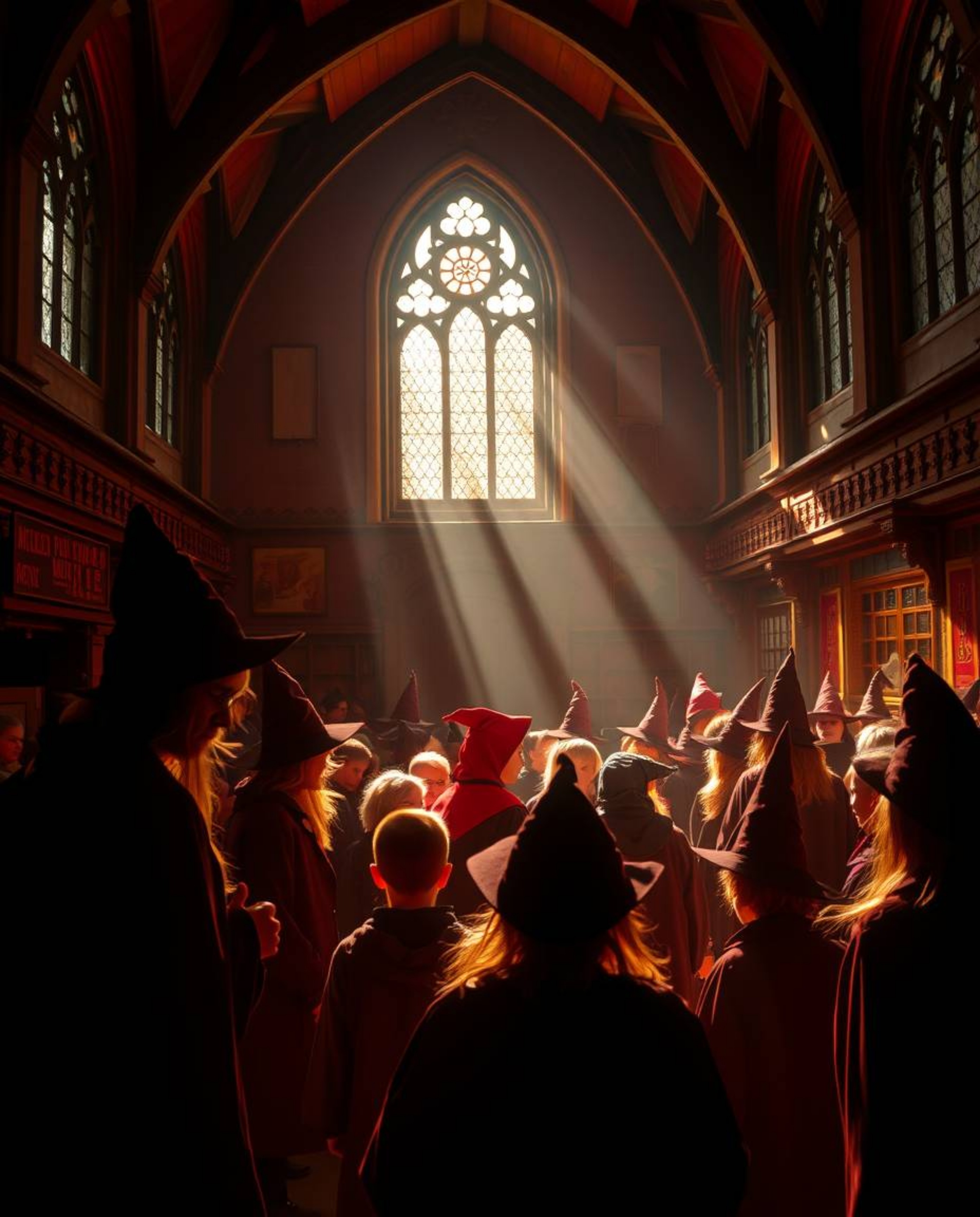 Immerse yourself in a magical school teeming with young wizards, bathed in a captivating palette of reds, oranges, and yellow