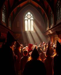 Immerse yourself in a magical school teeming with young wizards, bathed in a captivating palette of reds, oranges, and yellow