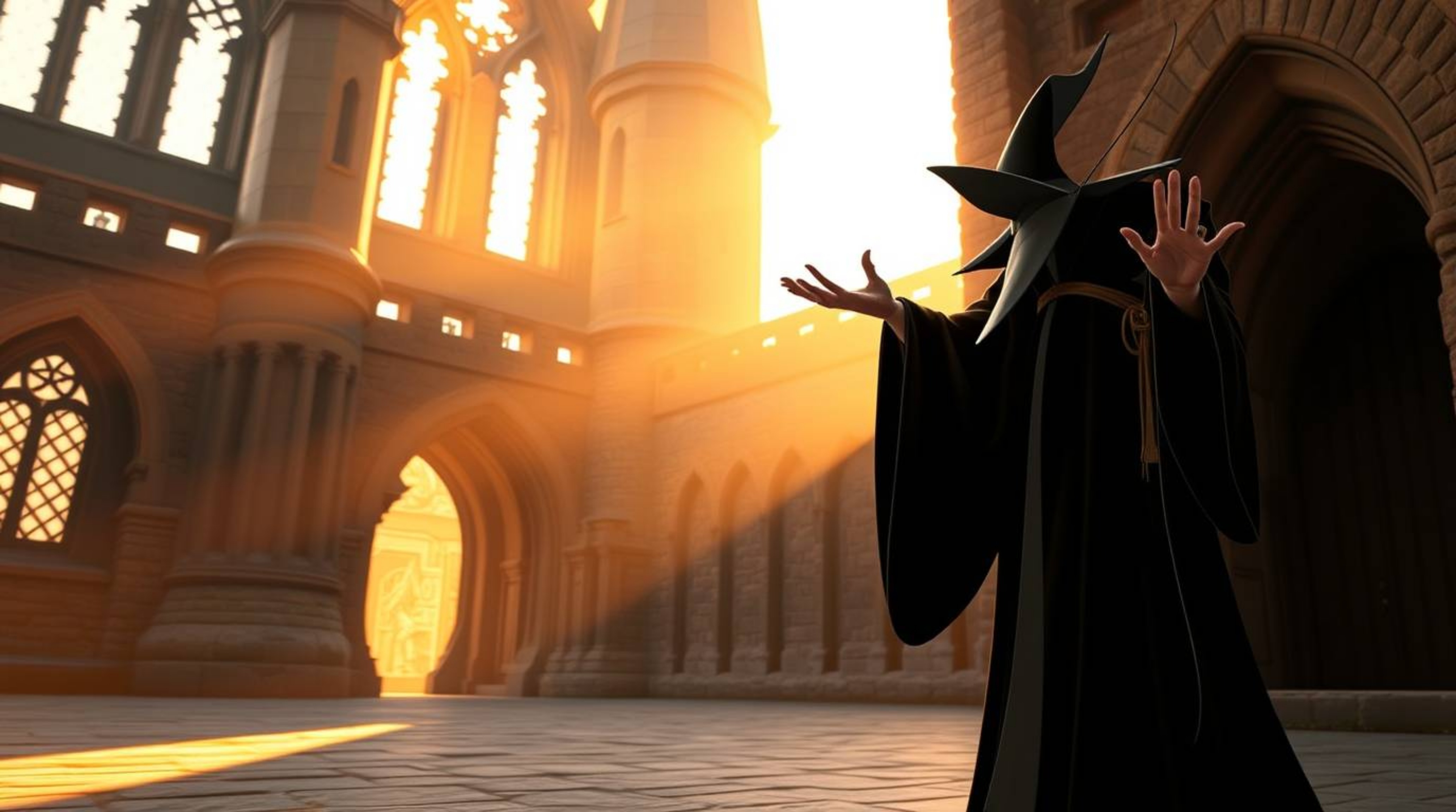 A captivating image of a classic Disney villain, draped in flowing robes, casting a spell within the ancient walls of a castl