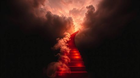 A captivating high-contrast photograph depicts a winding stairway crafted from smoke and light, ascending into a vast, cloudy