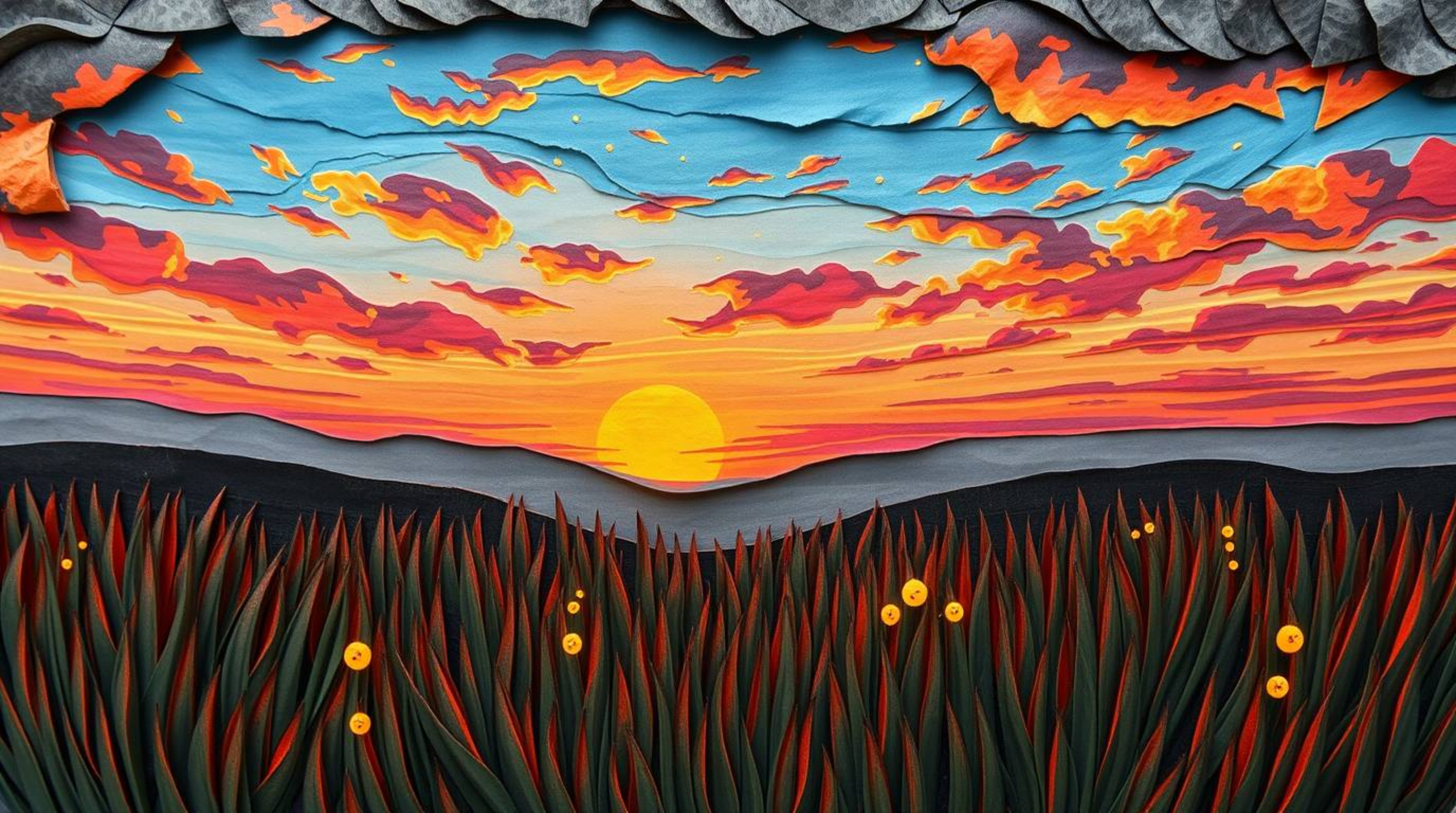 A stunning bird's-eye view of a textured, layered papier-mâché artwork depicting a vibrant sunset over a tranquil meadow.  Fi