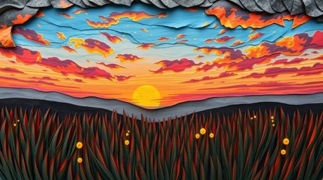 A stunning bird's-eye view of a textured, layered papier-mâché artwork depicting a vibrant sunset over a tranquil meadow.  Fi