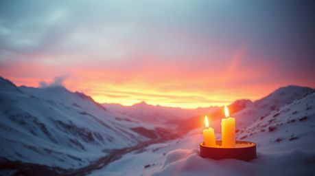 Capture the dramatic essence of a cinematic landscape with snow-covered mountains illuminated by a pastel sunset. The scene e