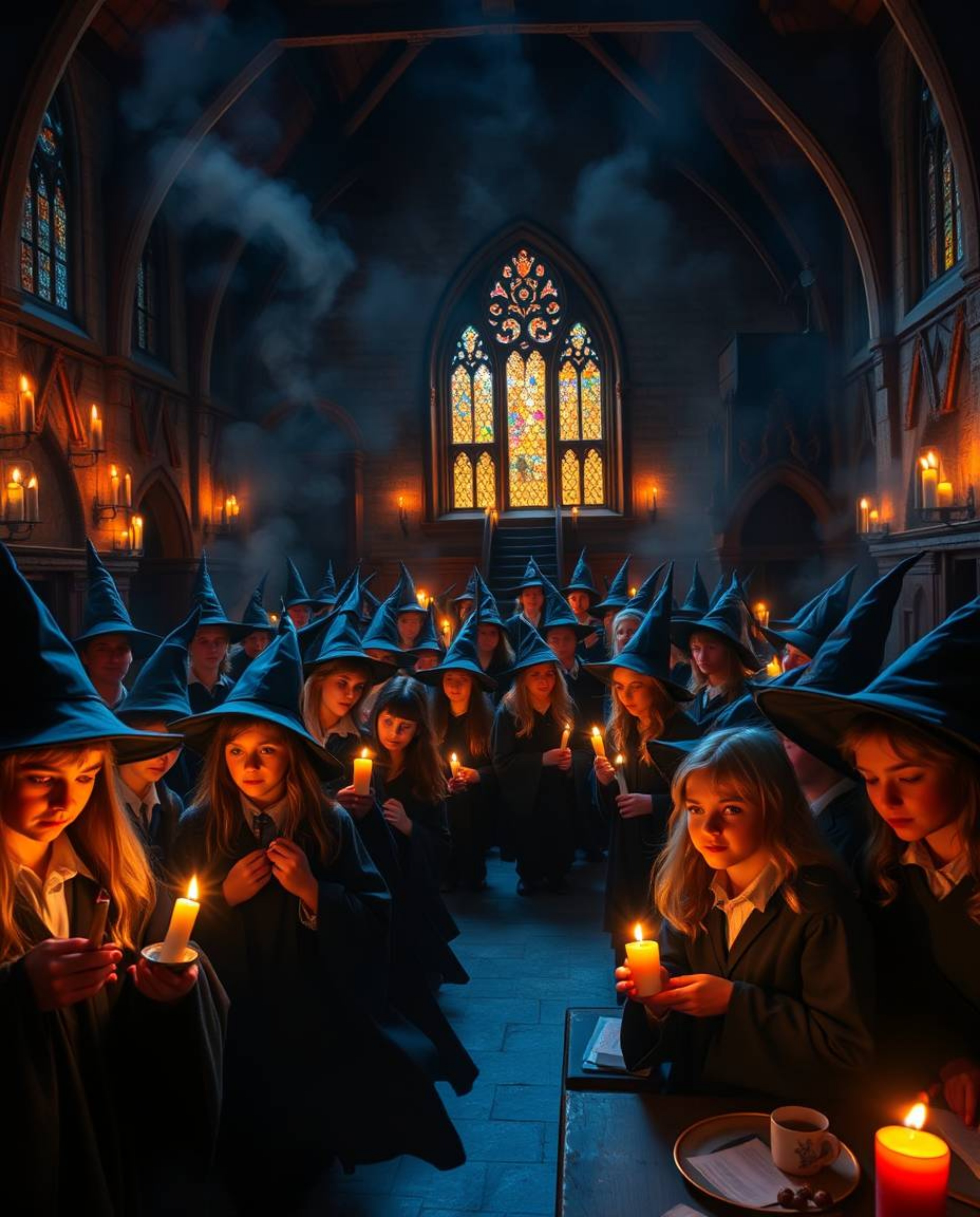 Immerse yourself in a magical school environment filled with young wizards, bathed in the flickering glow of warm candlelight