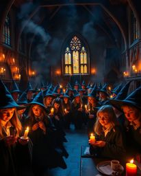 Immerse yourself in a magical school environment filled with young wizards, bathed in the flickering glow of warm candlelight