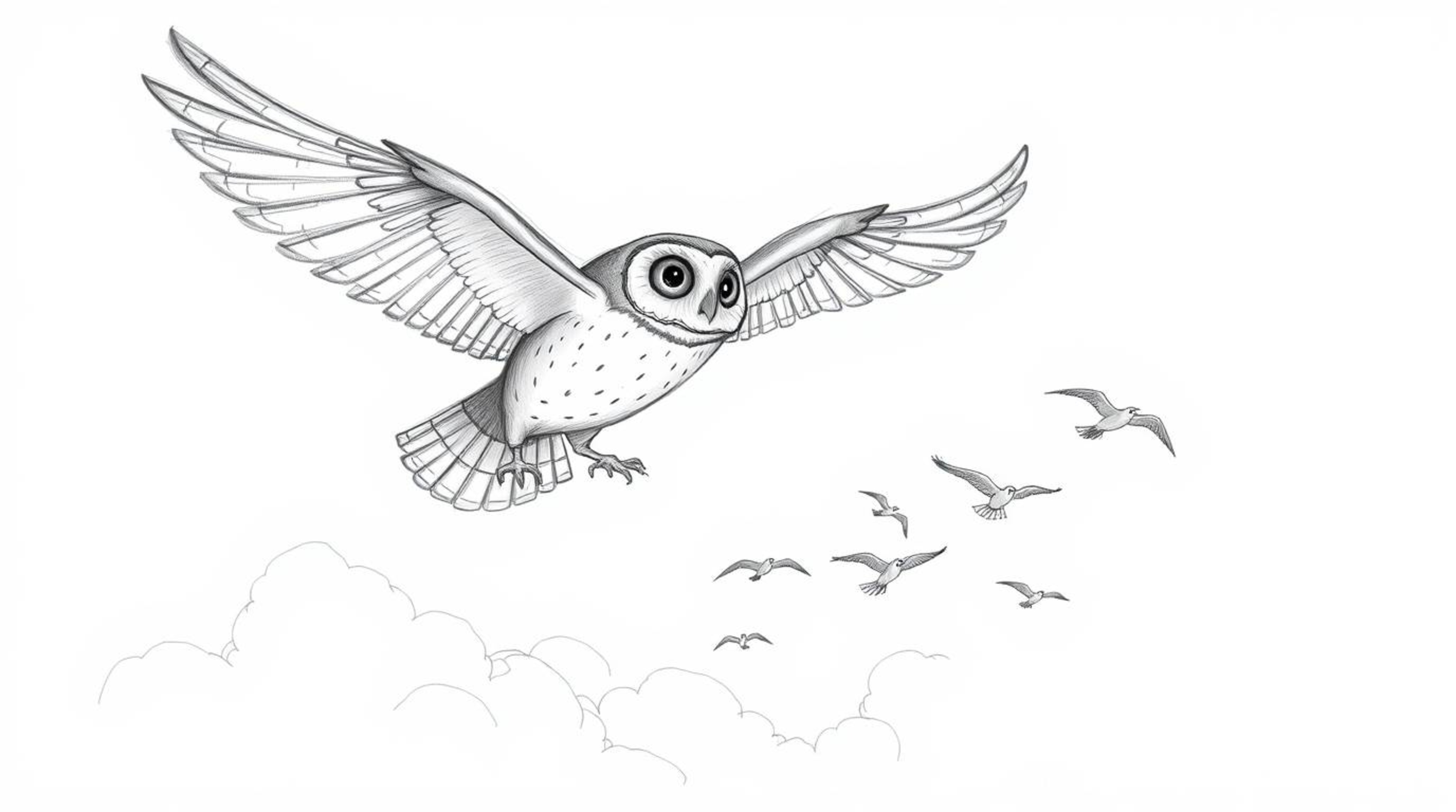 A captivating hand-drawn sketch in Pixar style depicts a blind owl with textured pencil strokes and rough lines, soaring prou