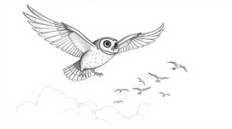 A captivating hand-drawn sketch in Pixar style depicts a blind owl with textured pencil strokes and rough lines, soaring prou