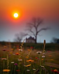 This long-exposure photograph captures a breathtaking spring wildflower meadow sunset, showcasing stunning motion blur and et