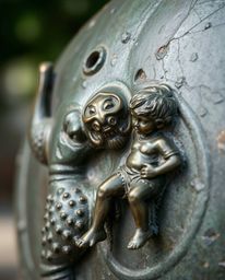 A captivating close-up shot captures a bronze sculpture illustrating a heartwarming scene of a sea creature befriending a hum