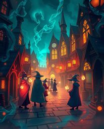 Dive into a captivating world of fantasy art featuring a magical school brimming with young wizards. The artwork blends warm