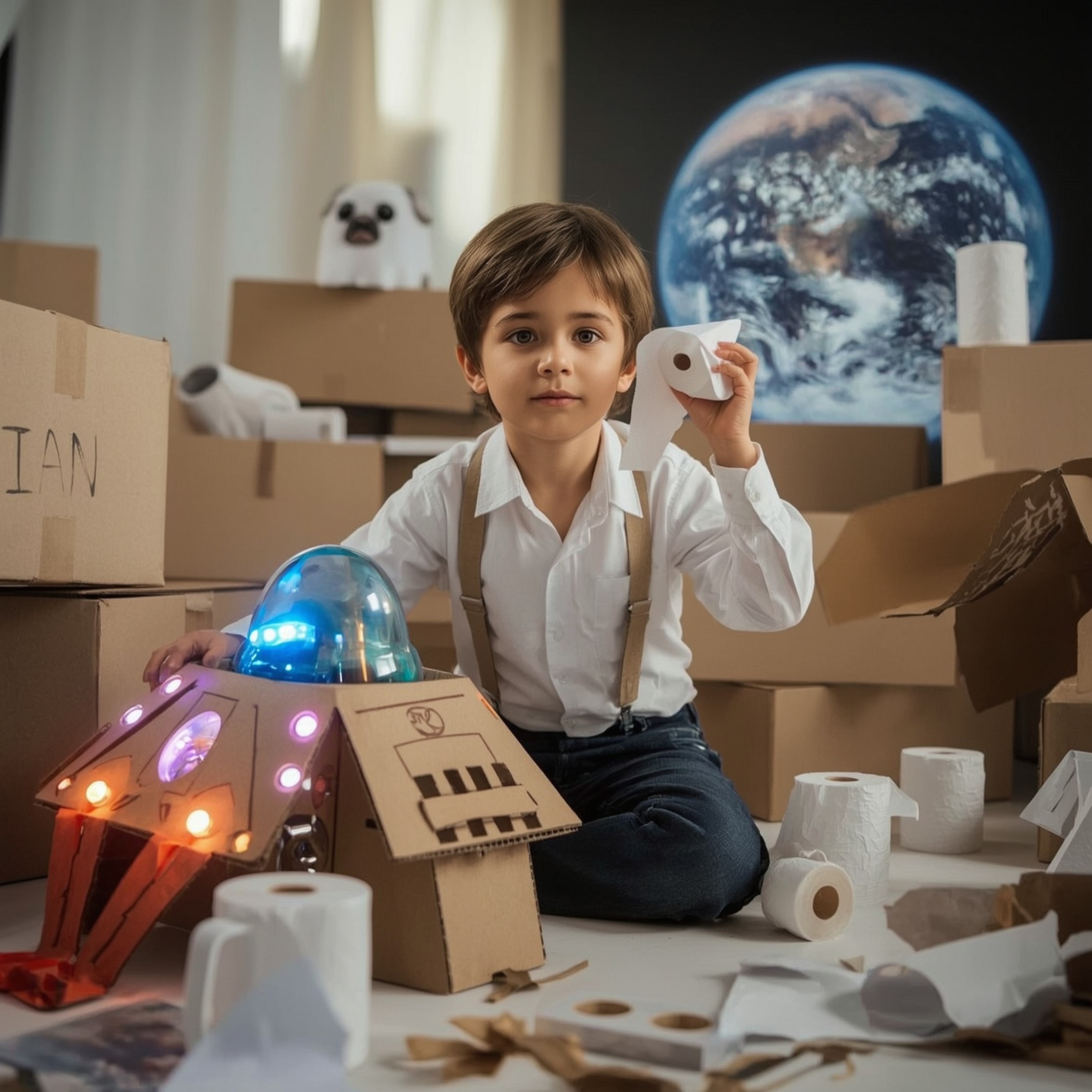 Exquisite high-fashion photography captures a young boy's imaginative journey.  He builds an intricately designed cardboard s