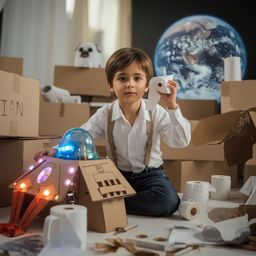 Exquisite high-fashion photography captures a young boy's imaginative journey.  He builds an intricately designed cardboard s