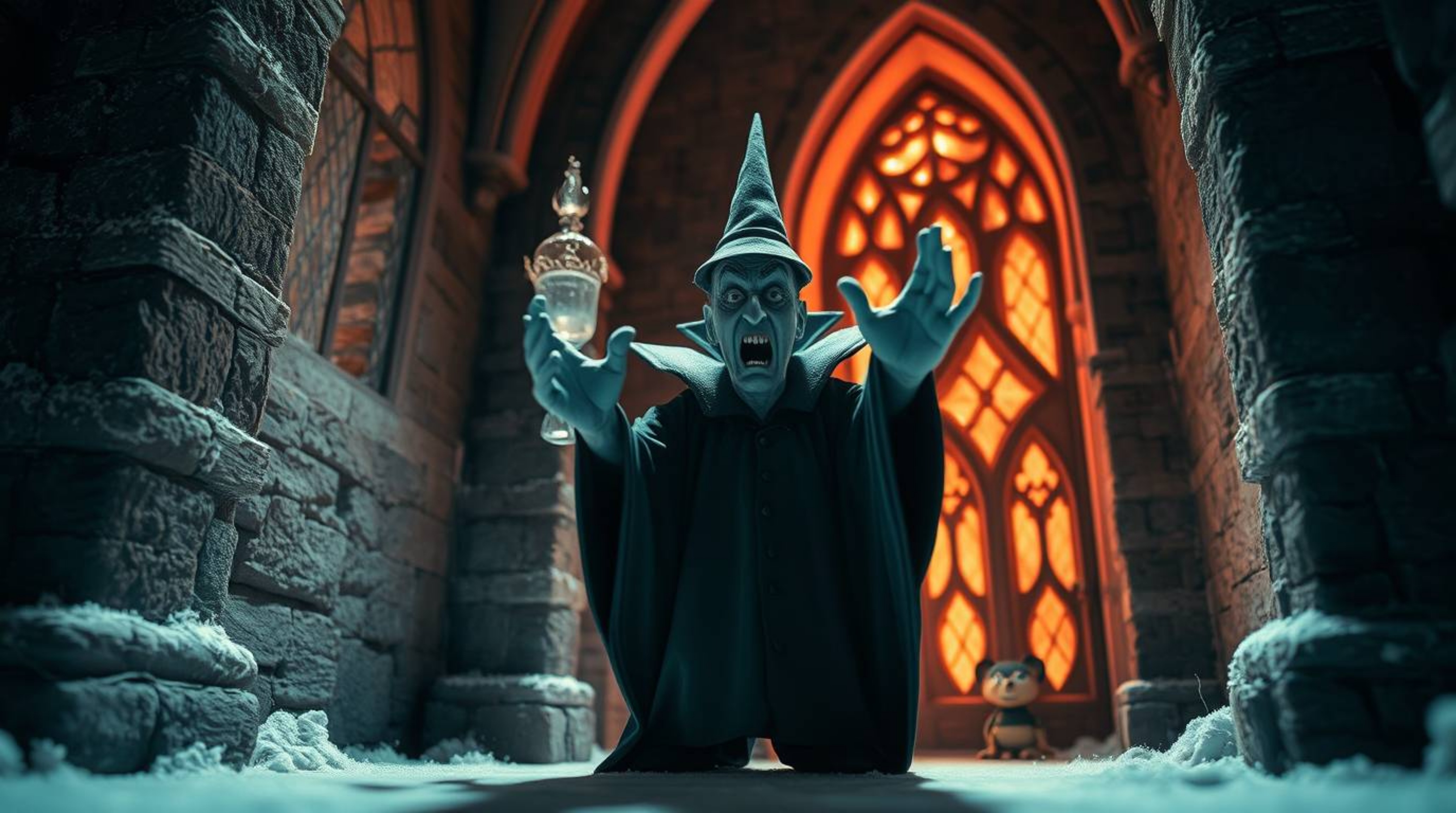 Witness a surreal, otherworldly scene: an extreme macro, infrared close-up of a classic Disney villain casting a spell within